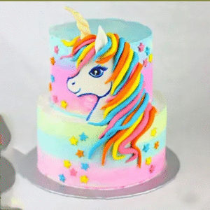 Two-tier unicorn themed with pastel frosting and unicorn face decoration 1.5 kg chocolate
