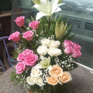 The Floral Table Pot with Pink, white, Orange Flower