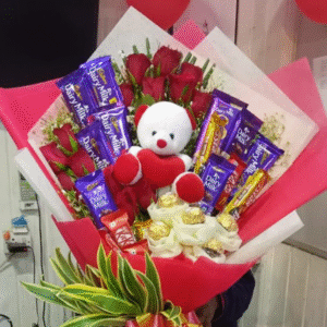 The Floral Chocolate Bouquet | Dairy Milk with Little Teddy, Rose, Ferrero rocher