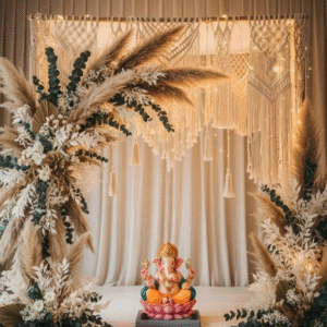 The Floral Ganpati Decoration with white Flower, Green Leaf & Artificial Coconut Tree